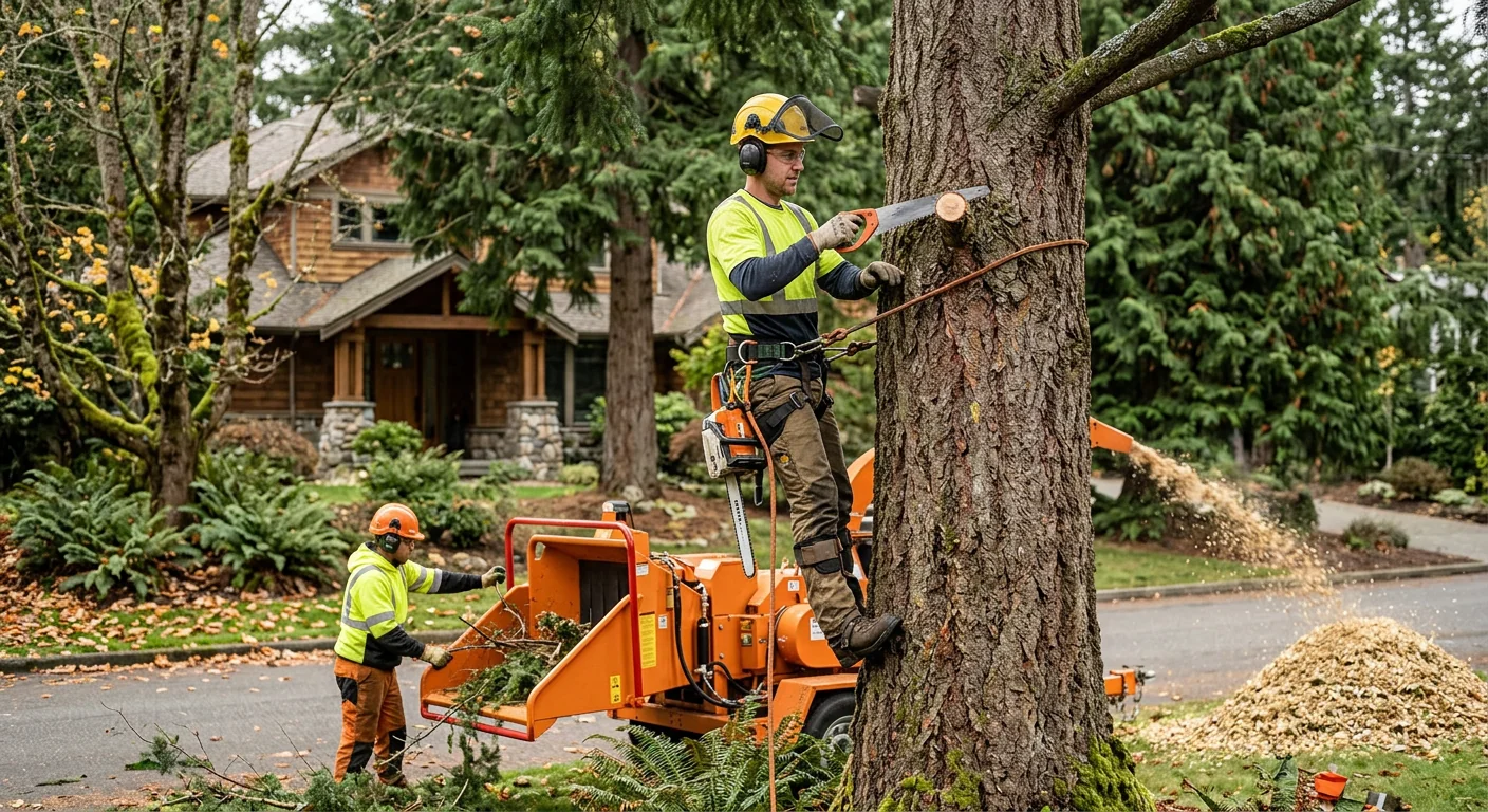 Arborist inspecting storm-damaged canopy in Mercer Island