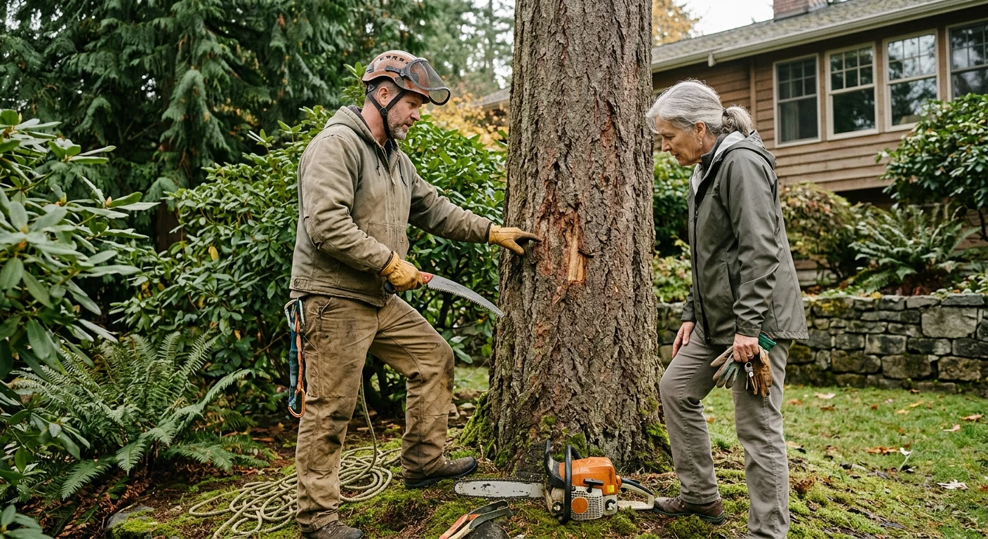 Tree crew inspecting rigging gear before a removal on a Mercer Island property