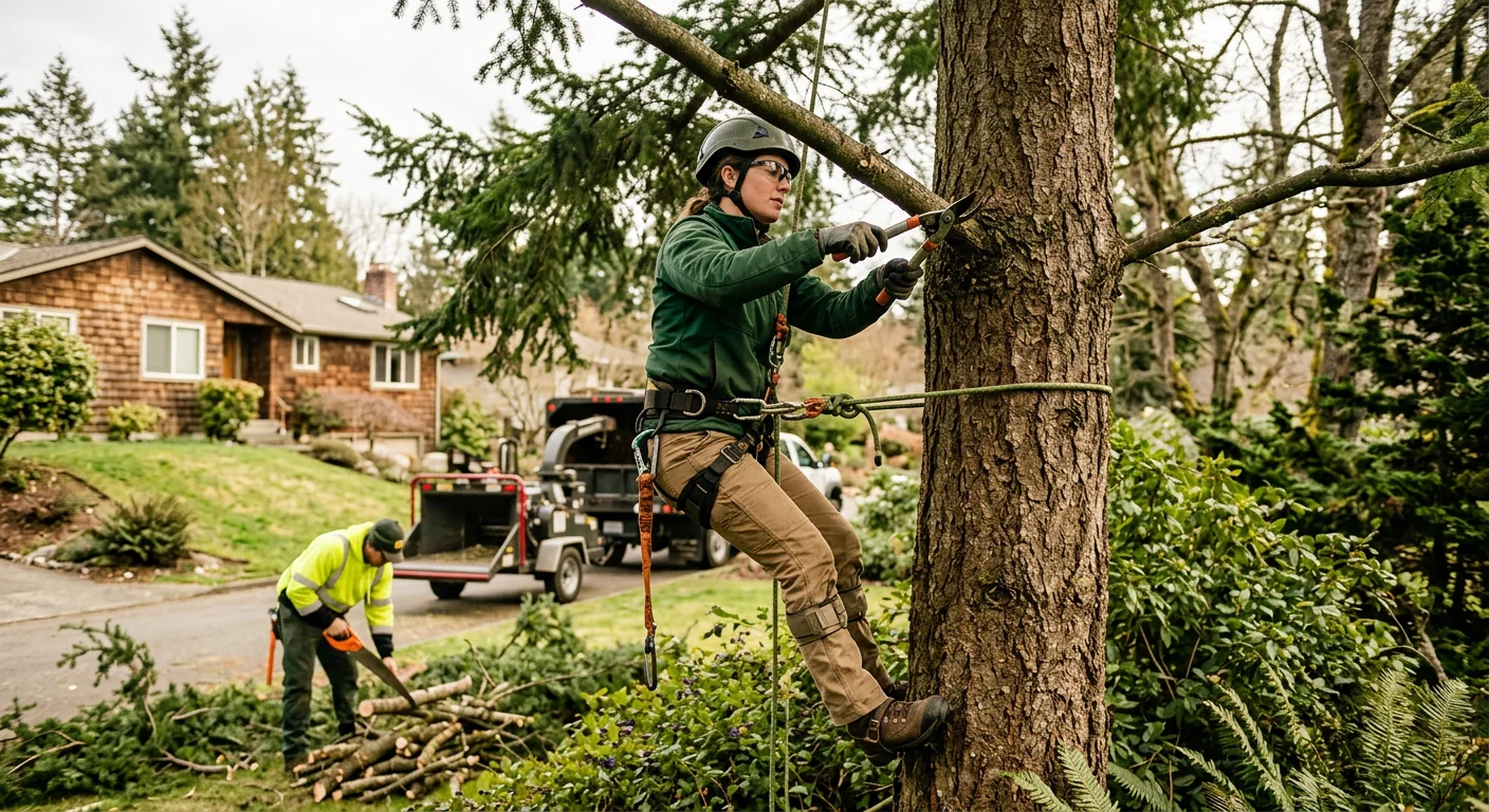 Arborist assessing a mature tree canopy before trimming on a Mercer Island property