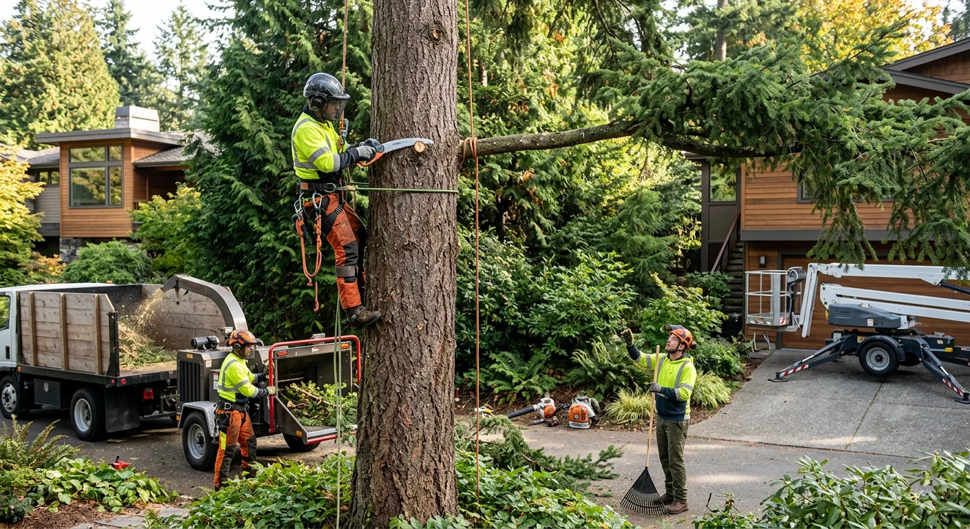 Arborist making a precise pruning cut on a mature tree in a residential yard