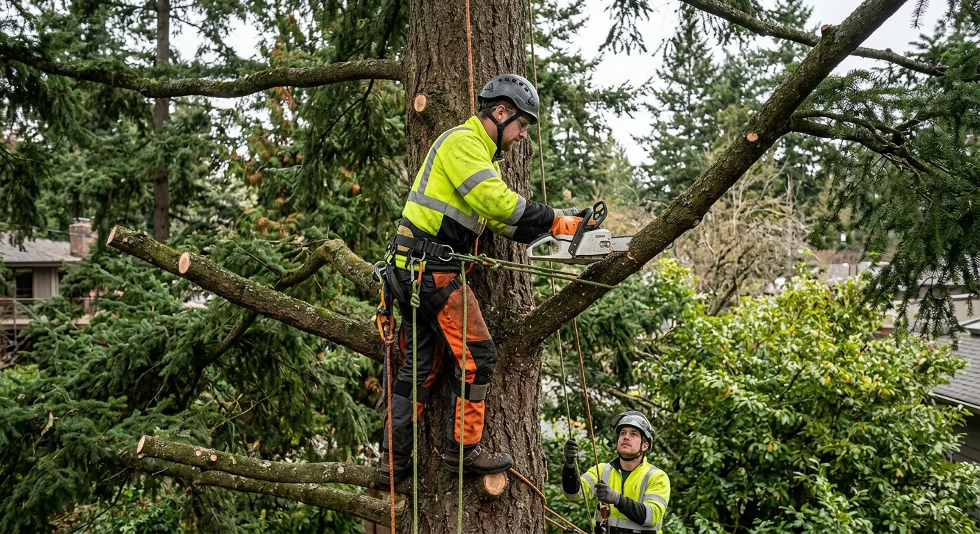 Climber making a precise directional pruning cut in a tall canopy on Mercer Island