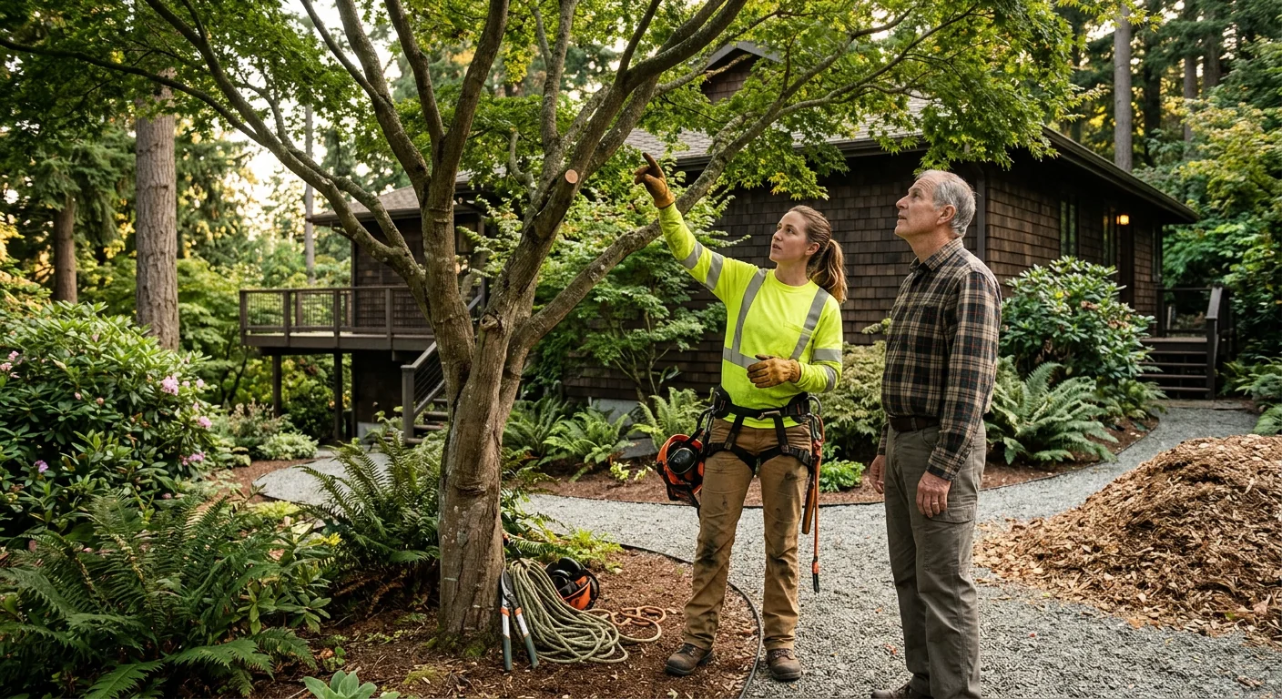 Homeowner reviewing trimmed canopy results during a post-job walkthrough in Mercer Island